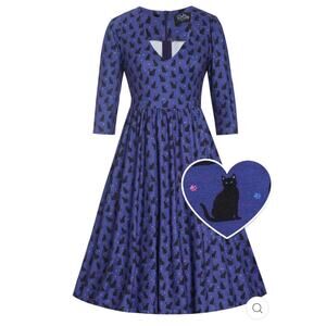 Dolly and Dotty Unique Vintage Billie Purple Black Cat Silhouette Flare Dress 10